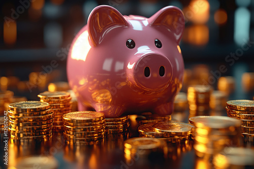 A pink piggy bank surrounded by a protective fence made of stacked gold coins, symbolizing financial fortification, financial concept.