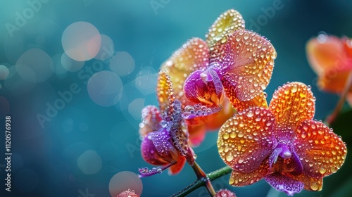A close-up of vibrant orchids adorned with water droplets against a soft, blurred background.