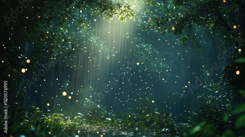 Magical forest at night with fireflies and sunbeams.