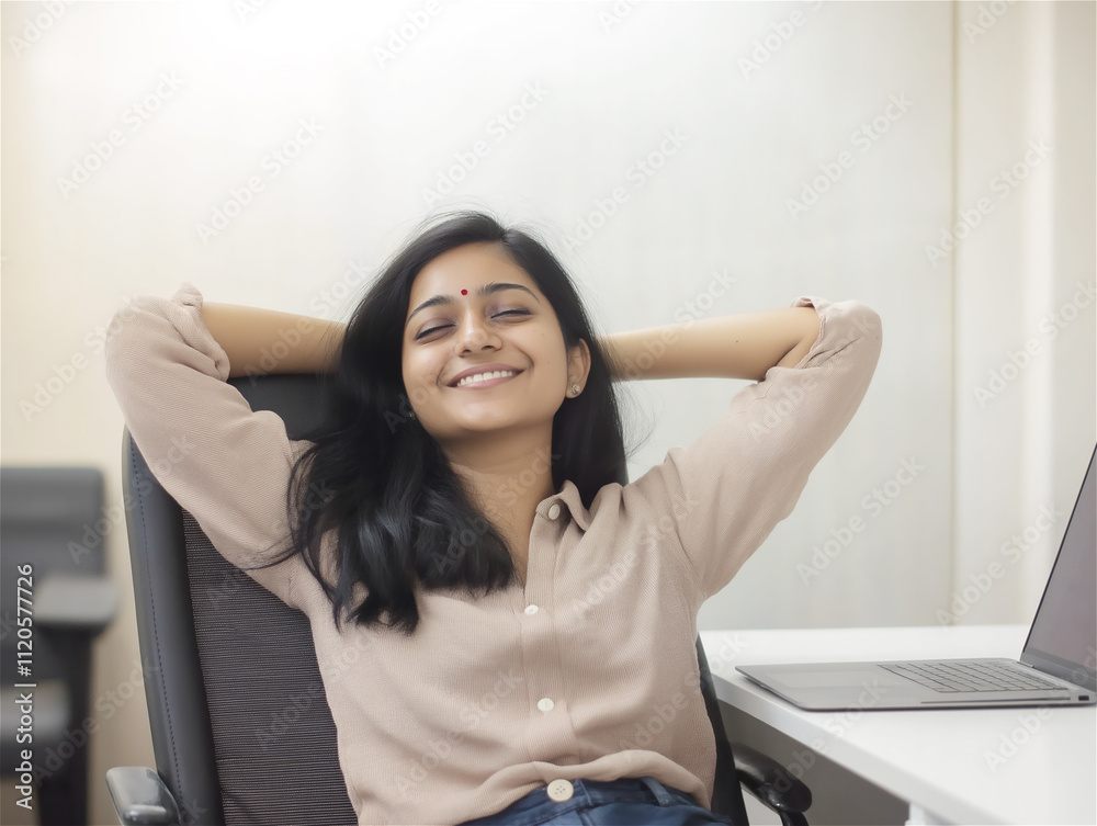 A cheerful young woman leaning back on her office chair with arms behind her head, enjoying a moment of relaxation in a modern workspace. Vibrant and happy mood. A cheerful young woman leaning back on her office chair with arms behind her head, enjoying a moment of relaxation in a modern workspace. Vibrant and happy mood.