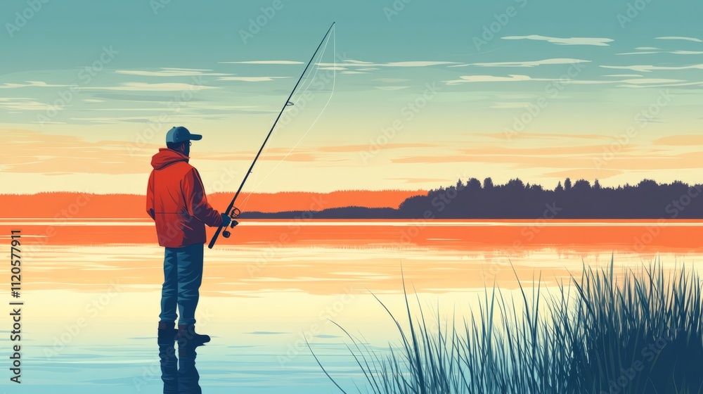 Fisherman holding a fishing rod, standing at the edge of a calm lake, generative ai Fisherman holding a fishing rod, standing at the edge of a calm lake, generative ai