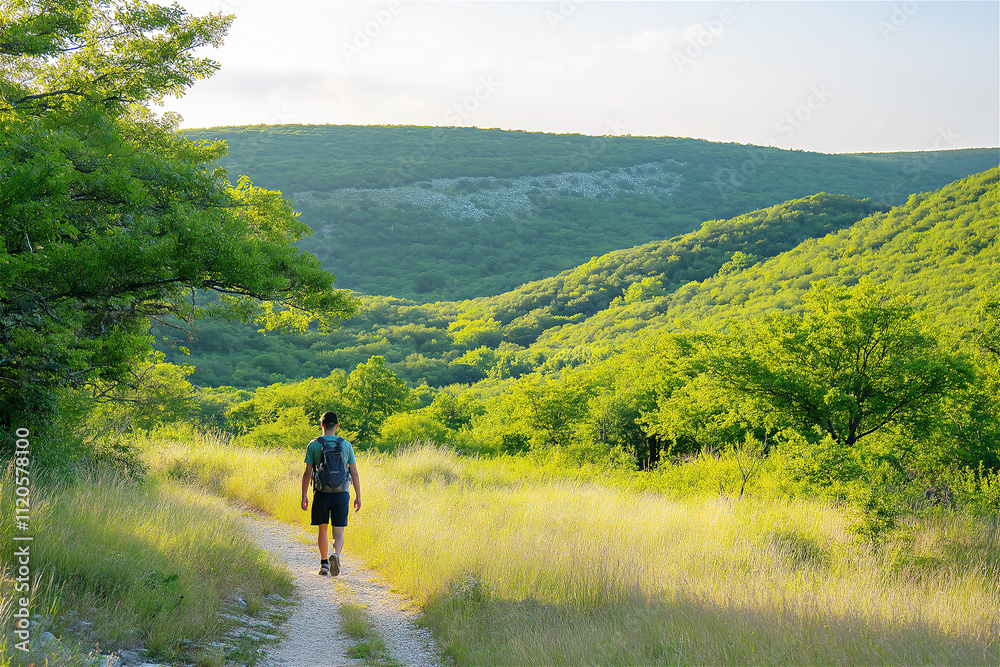 A hiker walking along a picturesque trail surrounded by lush green hills under a bright blue sky, showcasing the beauty of outdoor exploration. A hiker walking along a picturesque trail surrounded by lush green hills under a bright blue sky, showcasing the beauty of outdoor exploration.