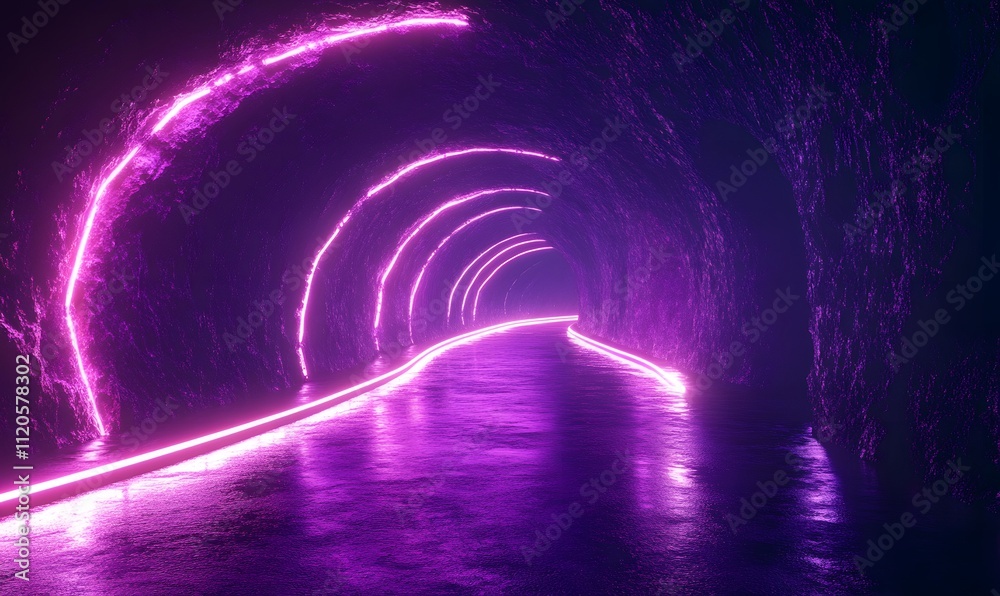 A neon wavy line glowing as it travels through a dark, futuristic tunnel with illuminated edges A neon wavy line glowing as it travels through a dark, futuristic tunnel with illuminated edges