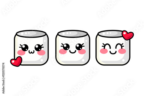 Set of cute kawaii icon, clipart of vector marshmallow with hearts