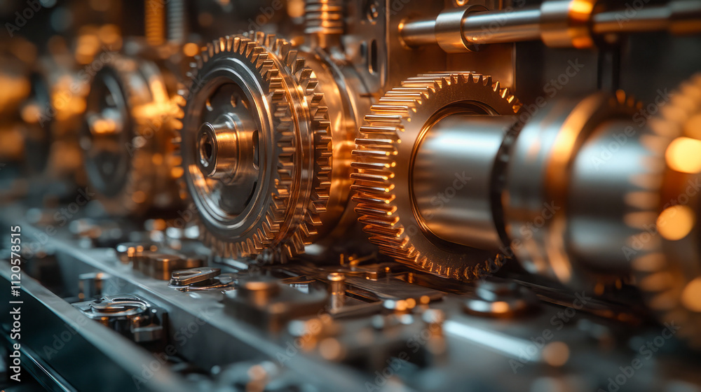 Fototapeta premium Intricate close-up of metallic gears and cogs in industrial machinery