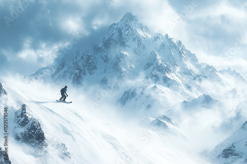 A snowboarder catching air off a jump in a snowy mountain landscape, surrounded by powdery snow and dramatic peaks.
