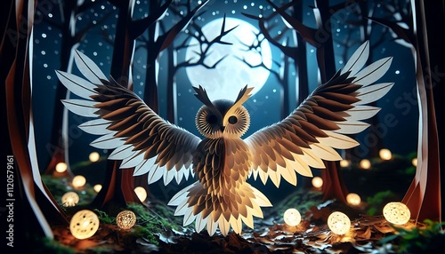 Paper Owl Enchanting Moonlit Forest Scene photo