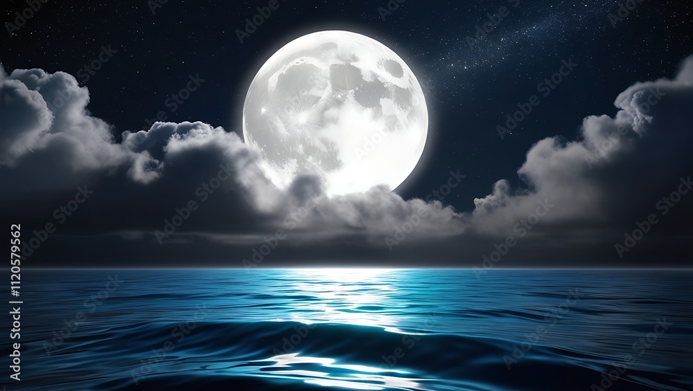 Digital artwork of a tranquil night seascape with a luminous full moon, starry sky, glowing ocean surface, fluffy clouds, and a mystical, serene ambiance. Digital artwork of a tranquil night seascape with a luminous full moon, starry sky, glowing ocean surface, fluffy clouds, and a mystical, serene ambiance.