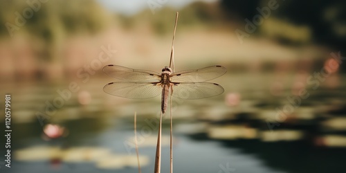 Close-up of a dragonfly perched above a serene pond on a sunny day. photo