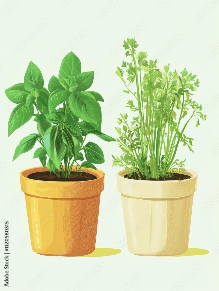 Natural plants in pots, green garden on a balcony. Urban gardening, home planting. Basil and celery regrow. Natural plants in pots, green garden on a balcony. Urban gardening, home planting. Basil and celery regrow.