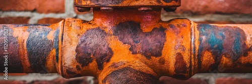 Close-up of a rusty pipe on an old brick wall, showing corrosion and texture.