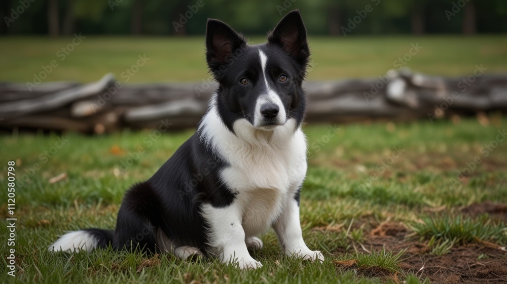 Black and white corgi sitting in grass. Black and white corgi sitting in grass.