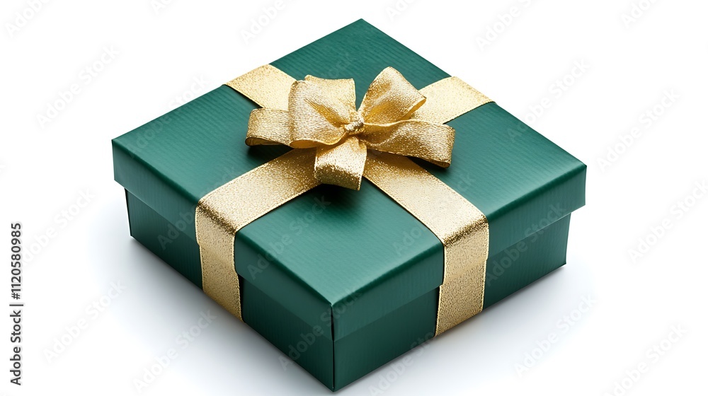 A green Christmas gift box with a gold ribbon isolated on a white background. A green Christmas gift box with a gold ribbon isolated on a white background.