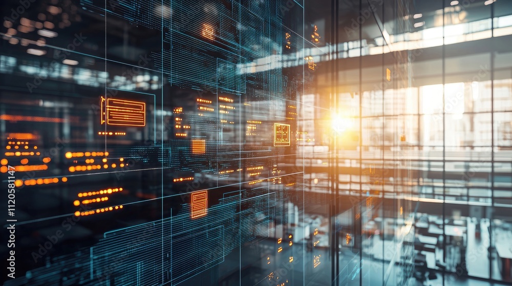 A futuristic digital interface with glowing data elements and a sunlit office background. A futuristic digital interface with glowing data elements and a sunlit office background.