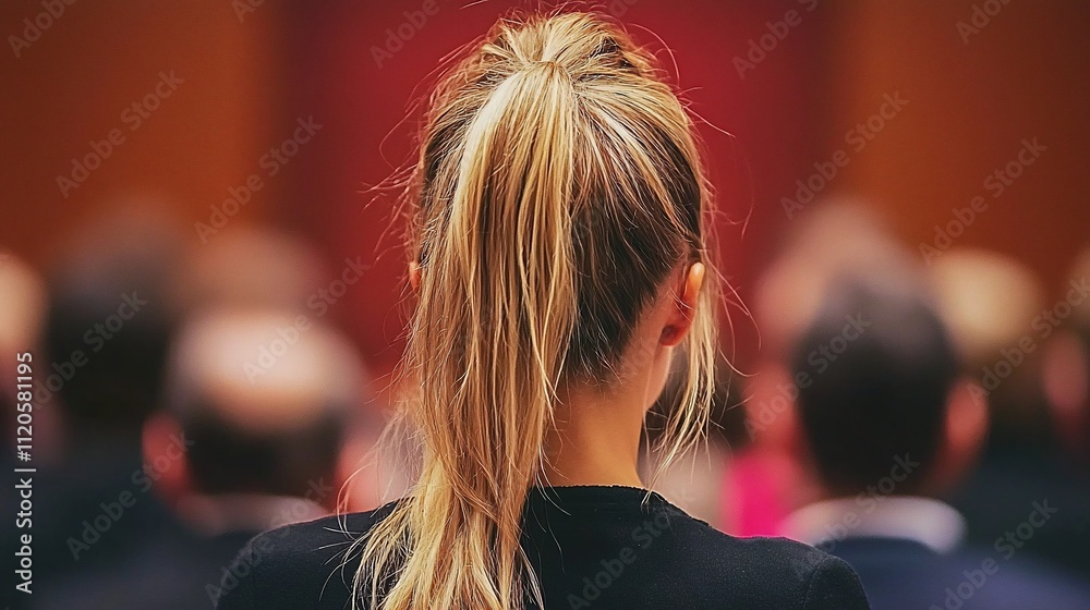 Fototapeta premium Woman with blonde ponytail in audience.