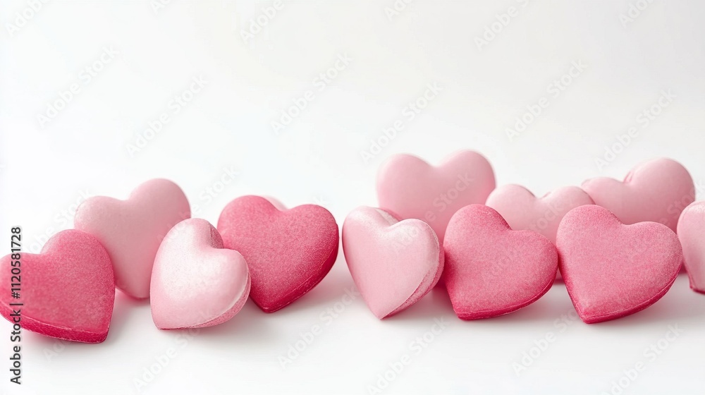 Fototapeta premium Rows of pink and red heart-shaped candies on white background for valentine's day concept