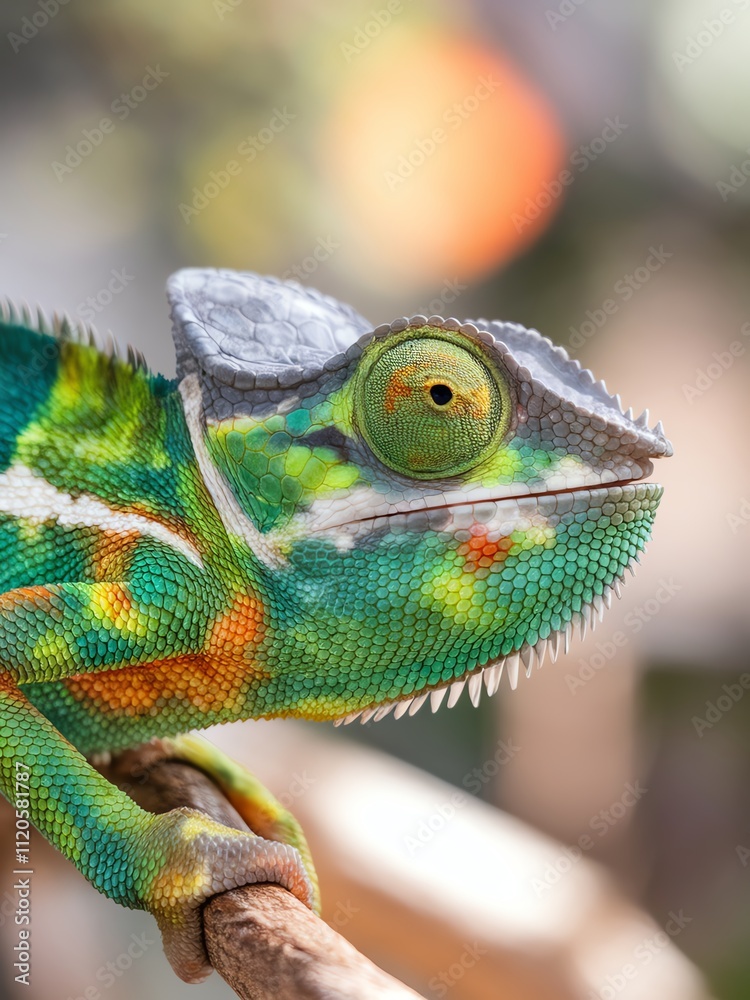 Obraz premium Colorful chameleon blends in with vibrant surroundings on a branch outdoors.