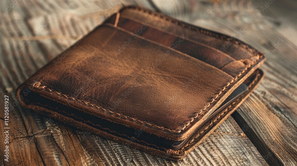 Rustic brown leather wallet on wooden surface. (1)