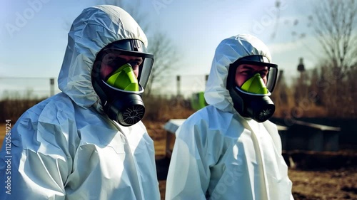 Scientists in protective gear examining mysterious object. Curiosity and expertise at work.