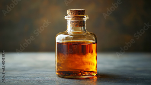 Antique glass bottle filled with amber liquid on a rustic background