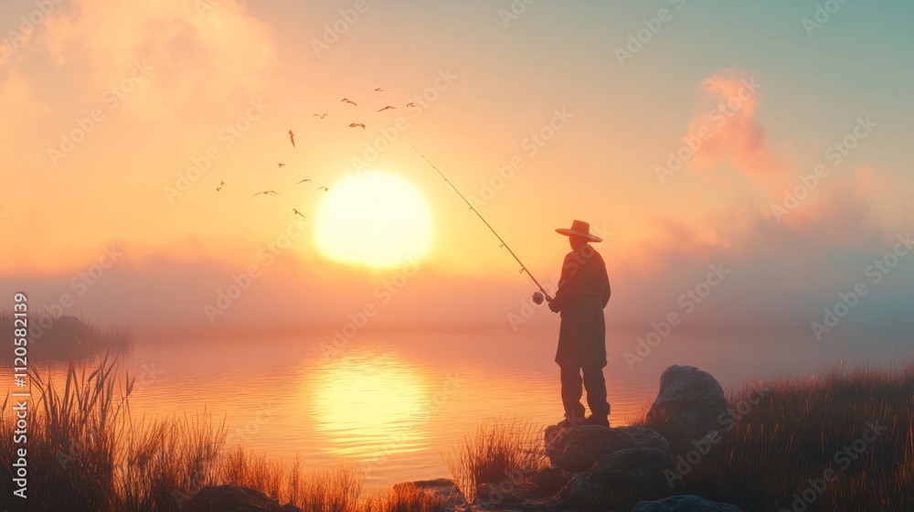 Fototapeta premium Fisherman standing under a sunrise, holding a fishing rod and wearing a hat generative ai
