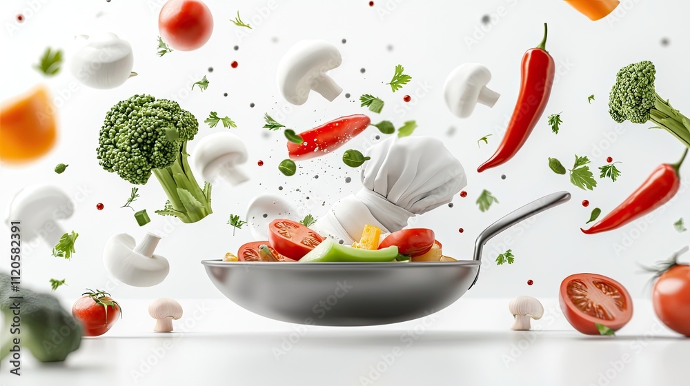 A dynamic display of fresh vegetables and cooking elements in a frying pan. A dynamic display of fresh vegetables and cooking elements in a frying pan.
