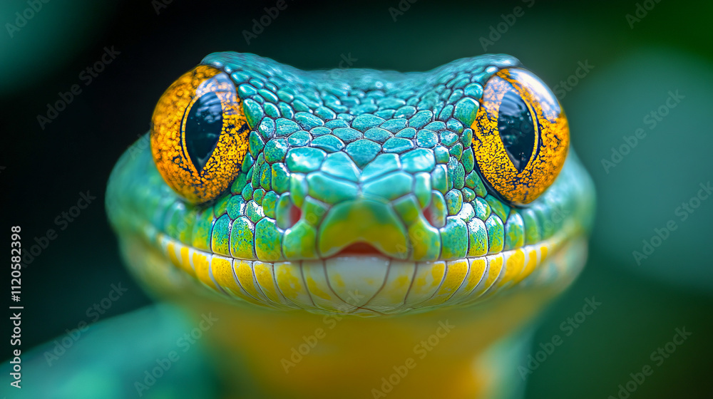 Fototapeta premium Close-up of a vibrant green and yellow snake with striking orange eyes