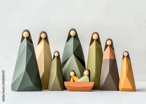 Swiss design-inspired nativity with precise geometric elements, minimal color blocking, using forest green, burnt sienna, and pale yellow photo