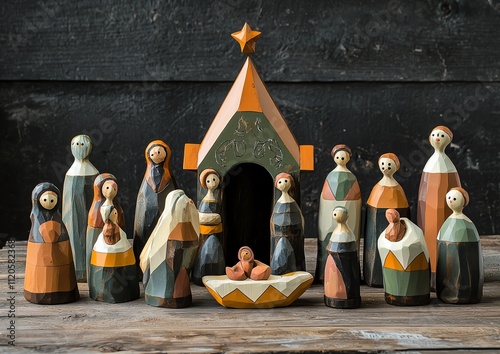 Swiss design-inspired nativity with precise geometric elements, minimal color blocking, using forest green, burnt sienna, and pale yellow photo