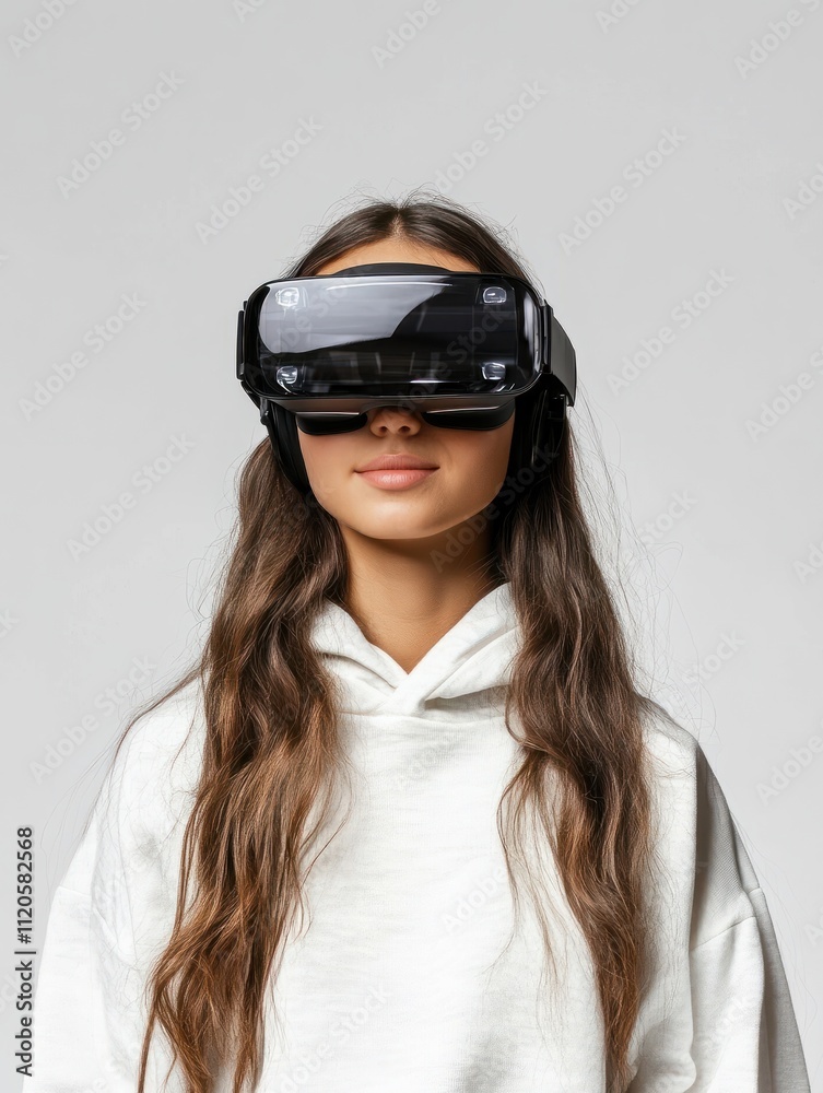 technology, augmented reality and entertainment concept - happy teenage girl with virtual headset or vr glasses over grey background technology, augmented reality and entertainment concept - happy teenage girl with virtual headset or vr glasses over grey background