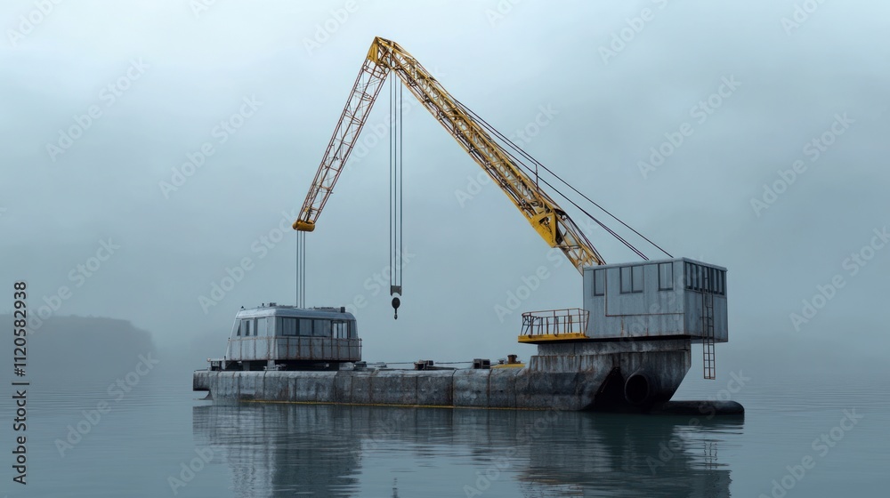 A barge with a crane on calm waters, shrouded in fog. A barge with a crane on calm waters, shrouded in fog.