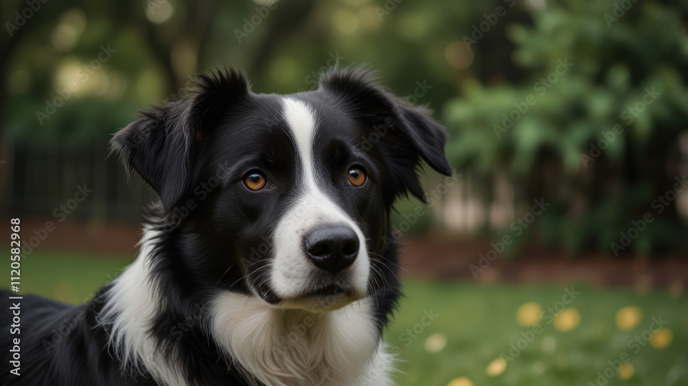 Black and white Border Collie dog portrait in a park. Black and white Border Collie dog portrait in a park.