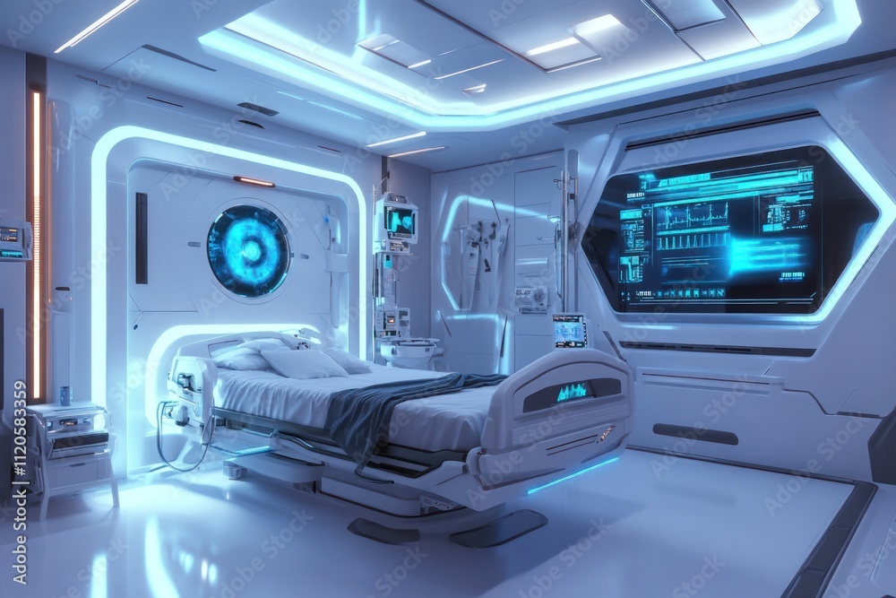 Futuristic hospital room with advanced medical equipment and sleek design. Futuristic hospital room with advanced medical equipment and sleek design.