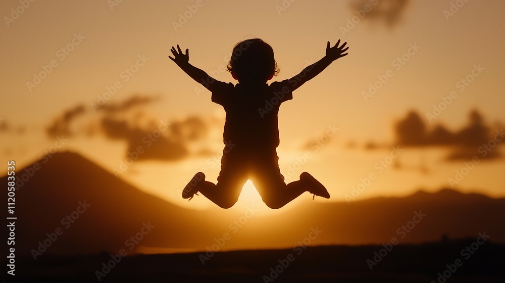 Silhouette of child jumping joyfully at sunset. Silhouette of child jumping joyfully at sunset.
