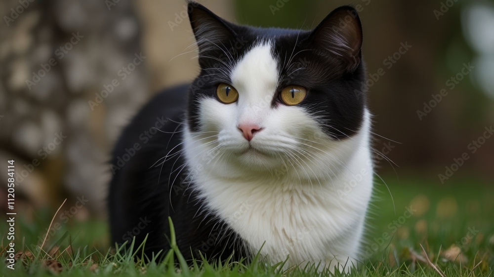 A tuxedo cat sits in the grass, looking to the side.