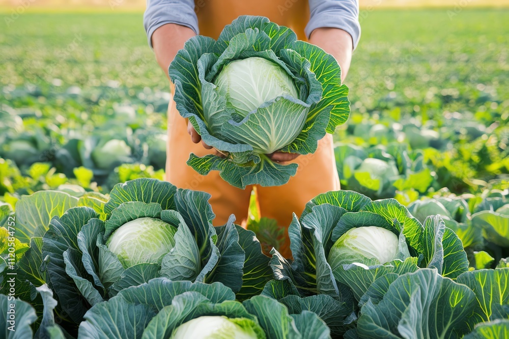 Farmer harvesting fresh cabbage in a lush green vegetable field on a sunny day.