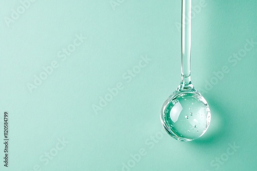 Pipette dropping hyaluronic serum on light green background