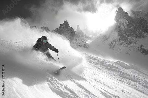 A snowboarder catching air off a jump in a snowy mountain landscape, surrounded by powdery snow and dramatic peaks.
