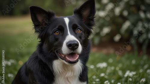 Happy black and white border collie dog portrait in a garden.