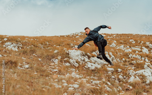 A male hiker hiking trail mountain, adventure sports outdoor.