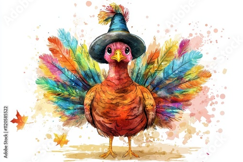 Colorful and Whimsical Turkey with Bright Feathers and Festive Hat Against a Watercolor Splash Background for Thanksgiving and Autumn Celebration Themes photo