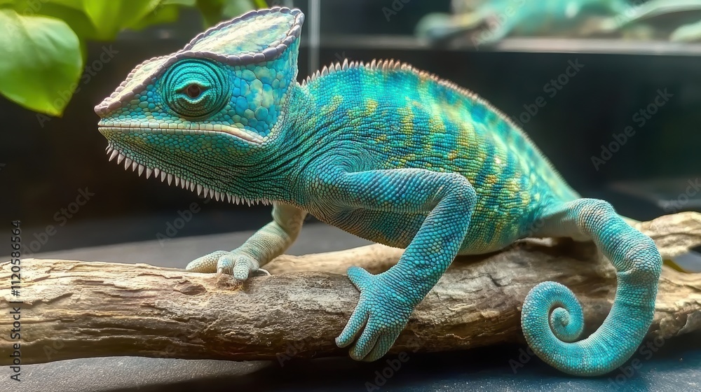 Fototapeta premium Veiled chameleon perched on a branch, showcasing its vibrant colors