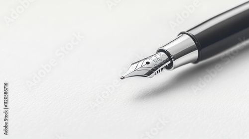 Close-up of a fountain pen nib on white paper.