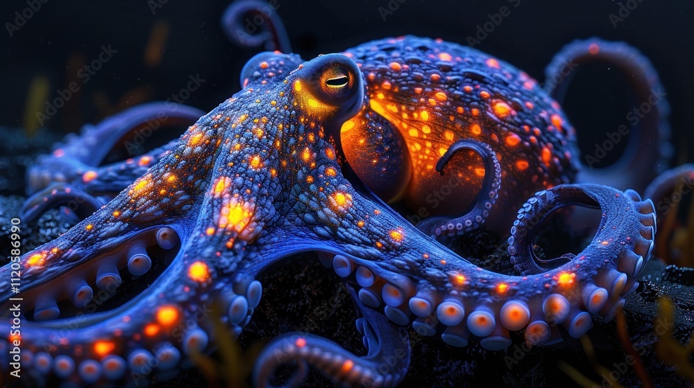 Obraz premium A vibrant octopus with glowing patterns resting on the ocean floor.