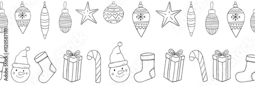Seamless stripes with doodle Christmas toys. Vector