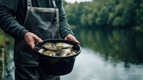Fototapeta Naklejka Na Ścianę i Meble -  Fisherman with a bucket of freshly caught fish, standing next to a lake generative ai