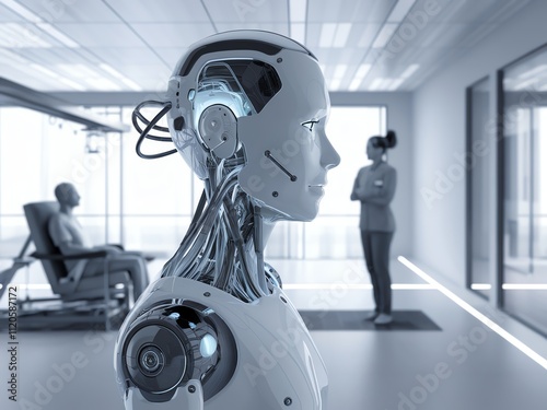 Futuristic robot in modern office setting alongside human workers. photo