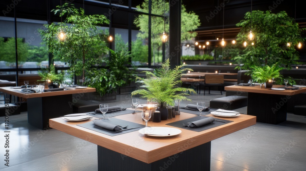 Fototapeta premium Modern restaurant interior with elegant decor and greenery.