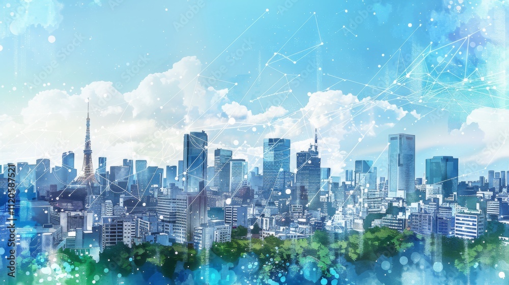 Obraz premium Futuristic cityscape with digital network overlay, symbolizing smart city connectivity.