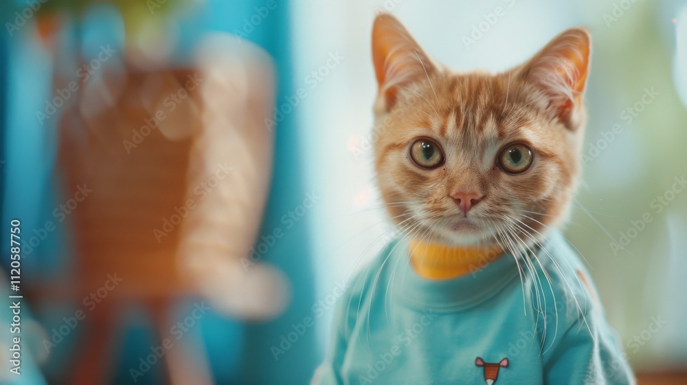 Ginger Kitten in Blue Sweater with Bright Background Ginger Kitten in Blue Sweater with Bright Background